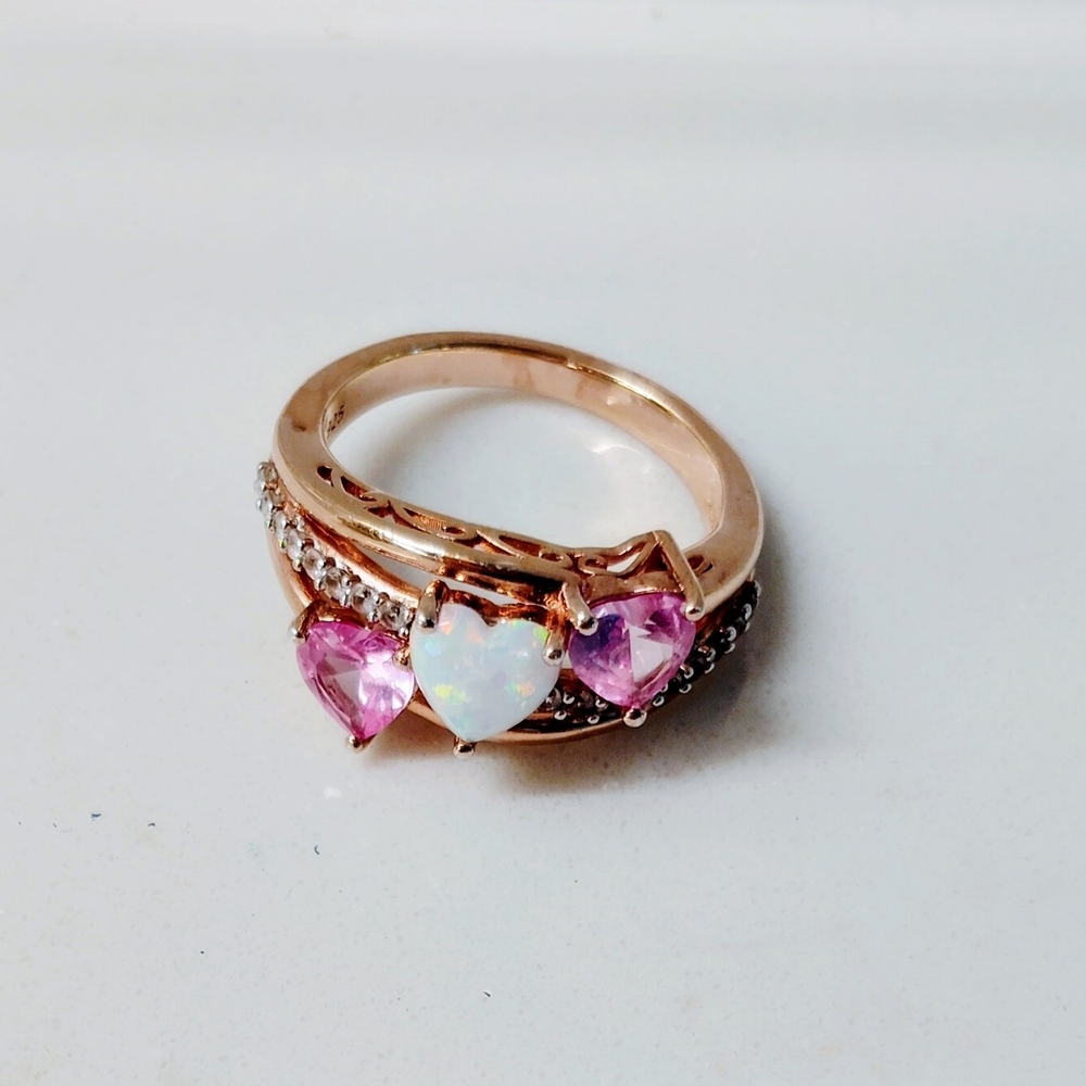 Vermeil Rose Gold Over 925 Sterling Pink Heart Ring with Opal Accent Size 7 - Picture 4 of 5